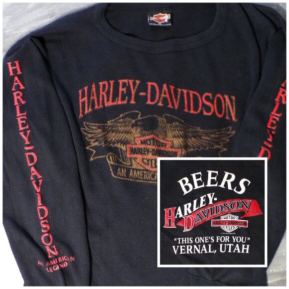 Harley-Davidson Other - Vtg 1992 Harley Davidson Thermal Shirt XL Black red gold Eagle USA Holoubek Utah